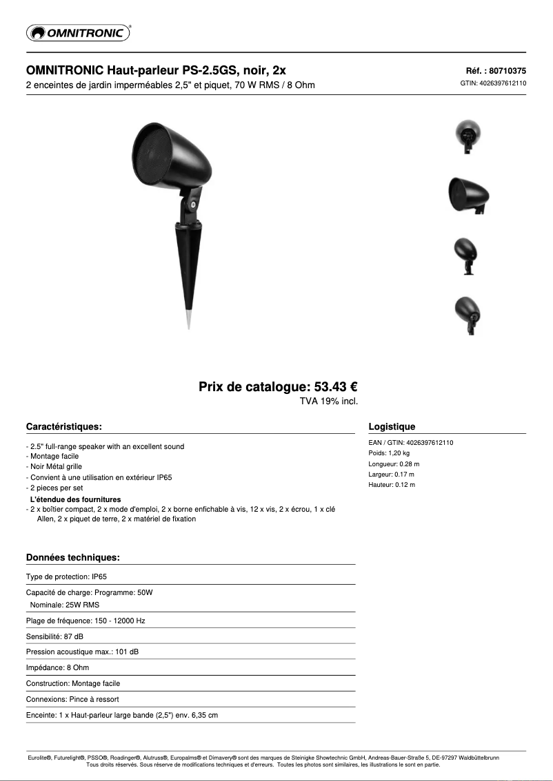 Page 1 de la notice Fiche technique Omnitronic PS-2