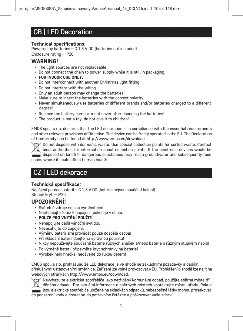 Page 1 de la notice Manuel utilisateur Emos DCLV15