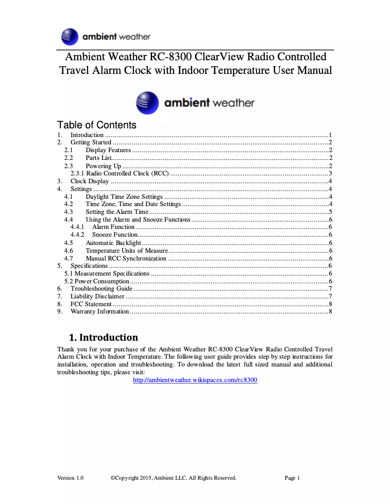 Page 1 de la notice Manuel utilisateur Ambient Weather RC-8300