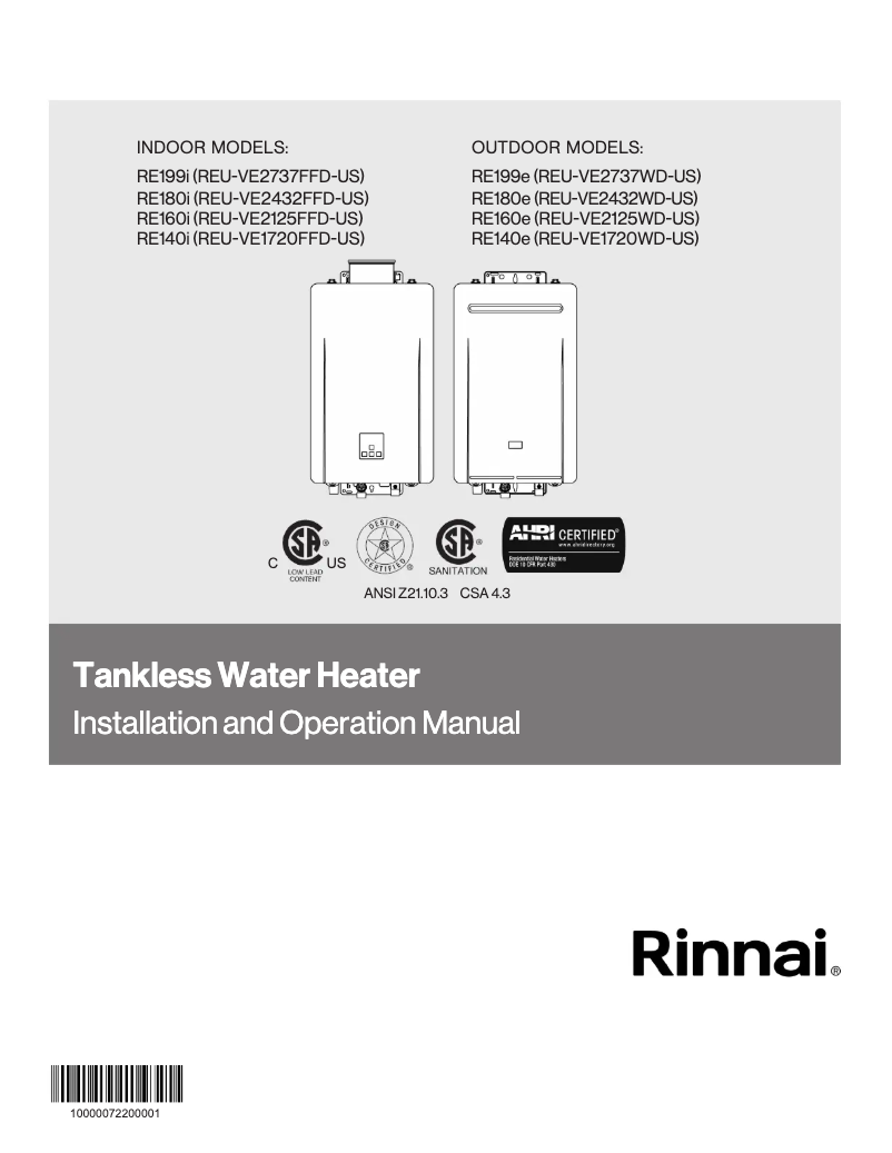 Page 1 de la notice Guide d'installation Rinnai RE180iN