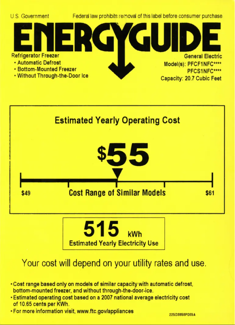 Page 1 de la notice Label énergétique GE Profile PFCF1NFCWW
