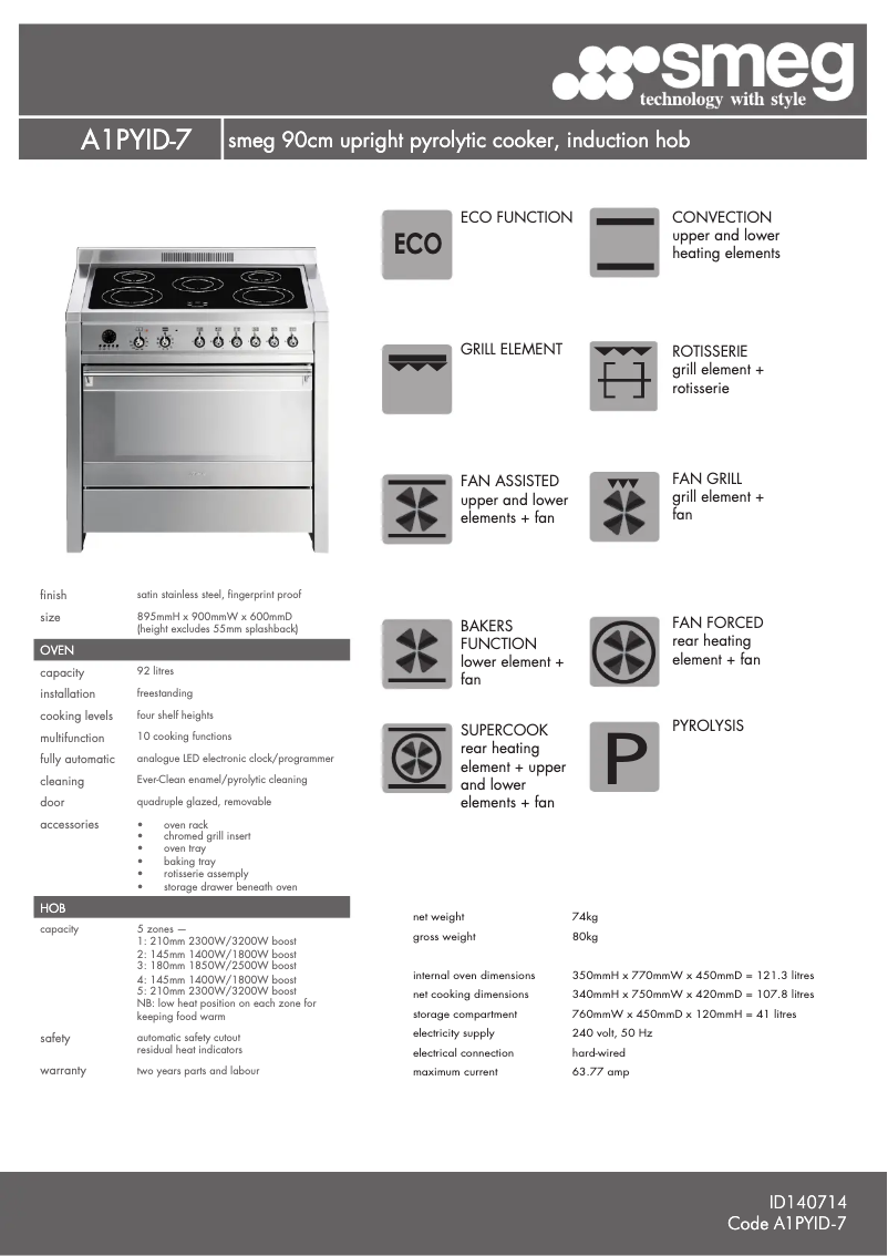 Page 1 de la notice Fiche technique Smeg A1PYID-7