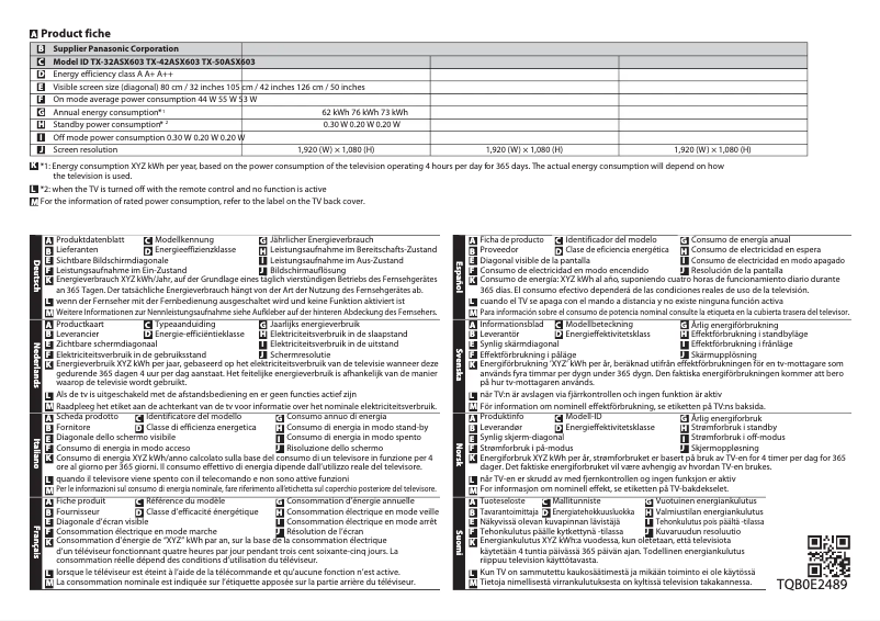 Page 1 of the manual Technical Sheet Panasonic Viera TX-50ASX603