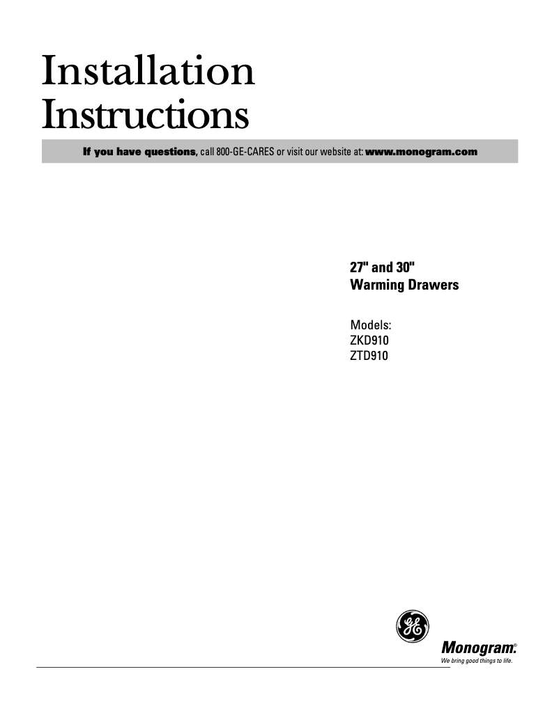 Page 1 de la notice Guide d'installation GE ZTD910BBBB