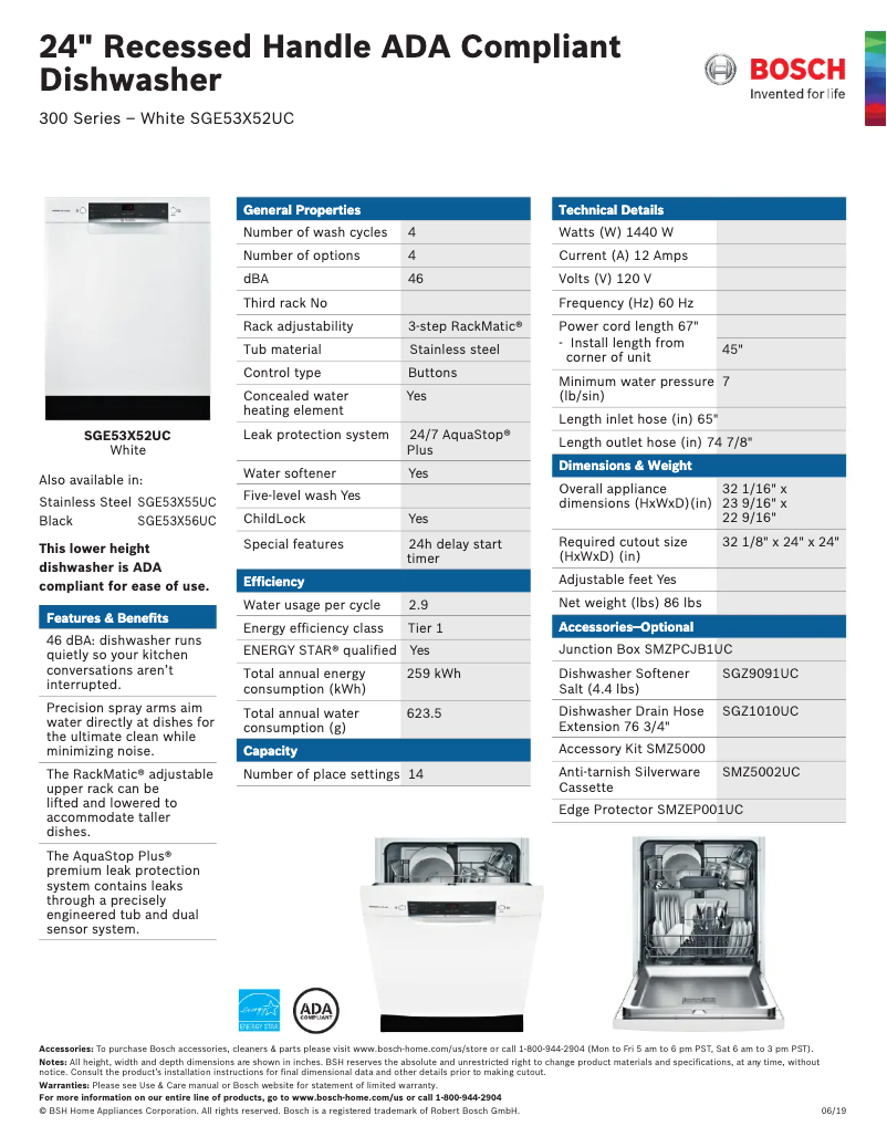 Page 1 of the manual Technical Sheet Bosch SGE53X52UC