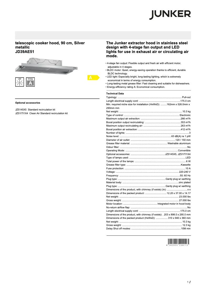 Page 1 de la notice Fiche technique Junker JD39AE51