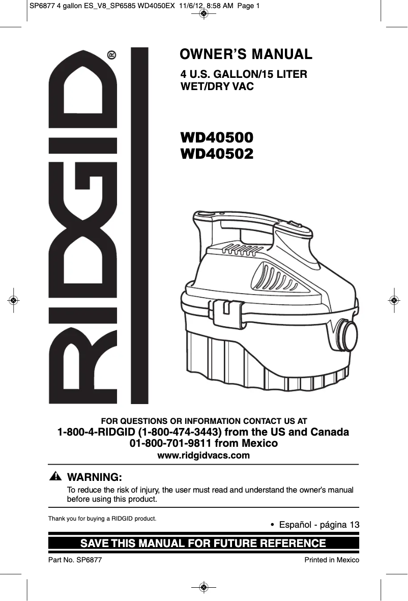 Page 1 de la notice Manuel utilisateur Ridgid WD4051
