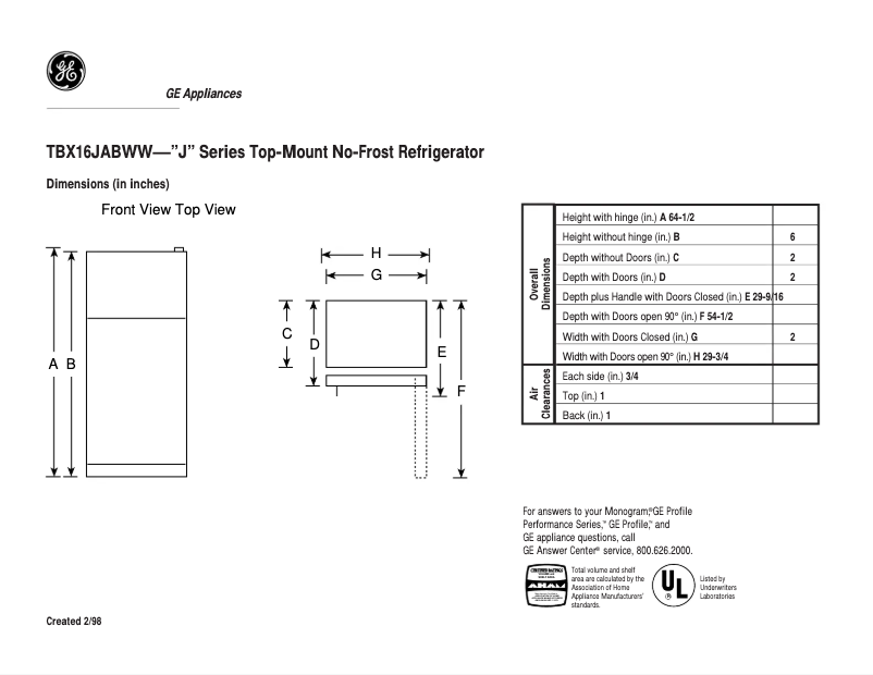 Page n°1 - Fiche technique GE TBX16JABWW