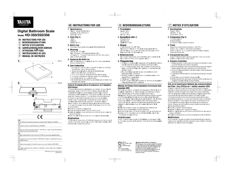 Page 1 de la notice Manuel utilisateur Tanita HD-350