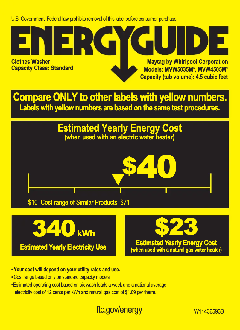 Page 1 de la notice Label énergétique Maytag MVW5035MW