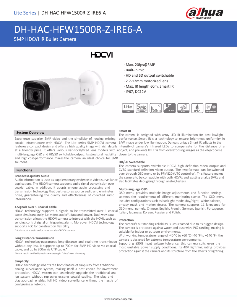 Page 1 de la notice Fiche technique Dahua Technology HAC-HFW1500R-Z-IRE6-A
