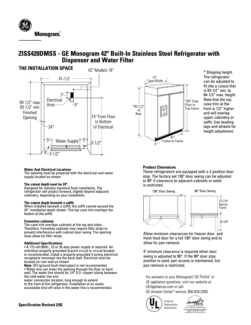 Page 1 of the manual Technical Sheet GE ZISS420DMSS