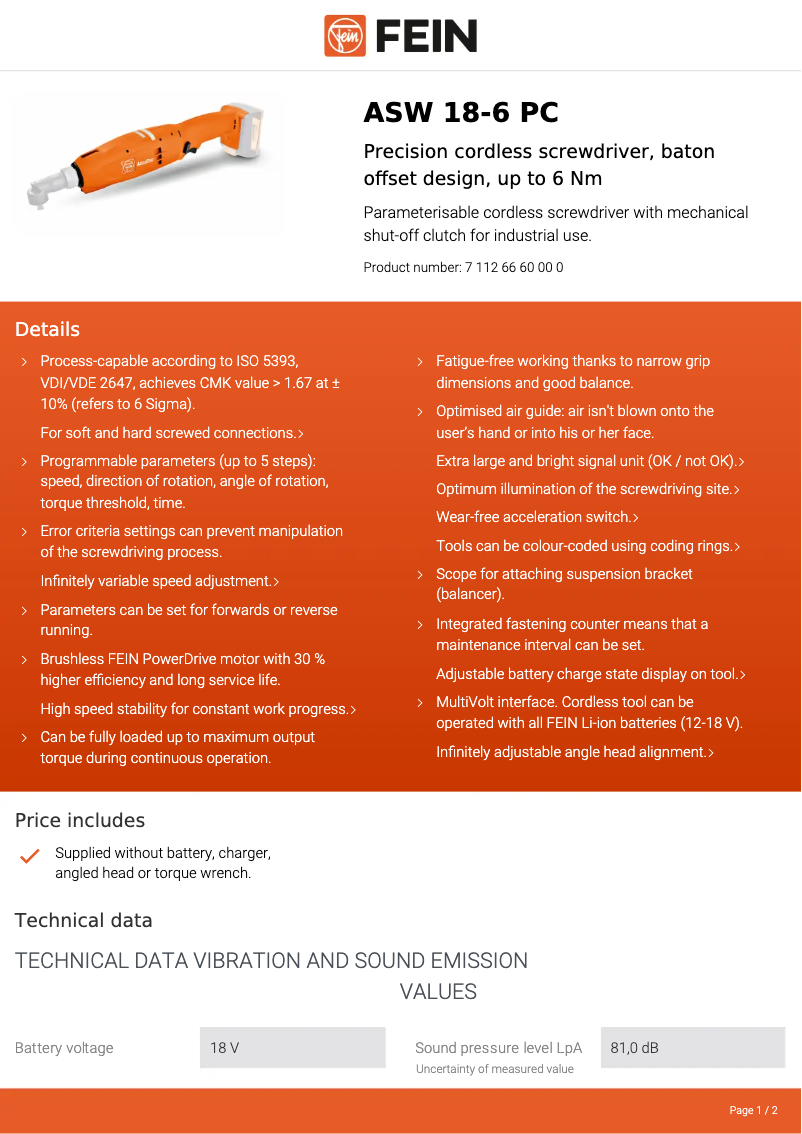 Page 1 de la notice Fiche technique Fein ASW 18-6 PC