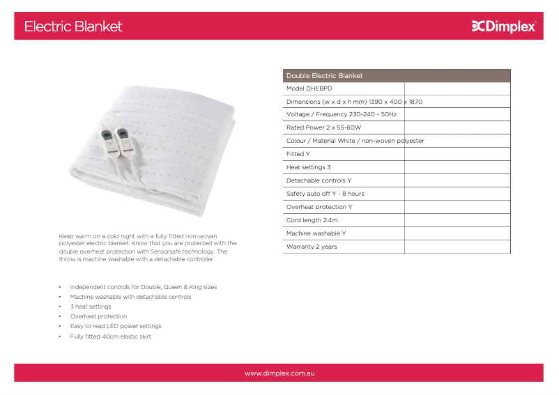 Page 1 de la notice Fiche technique Dimplex DHEBPD