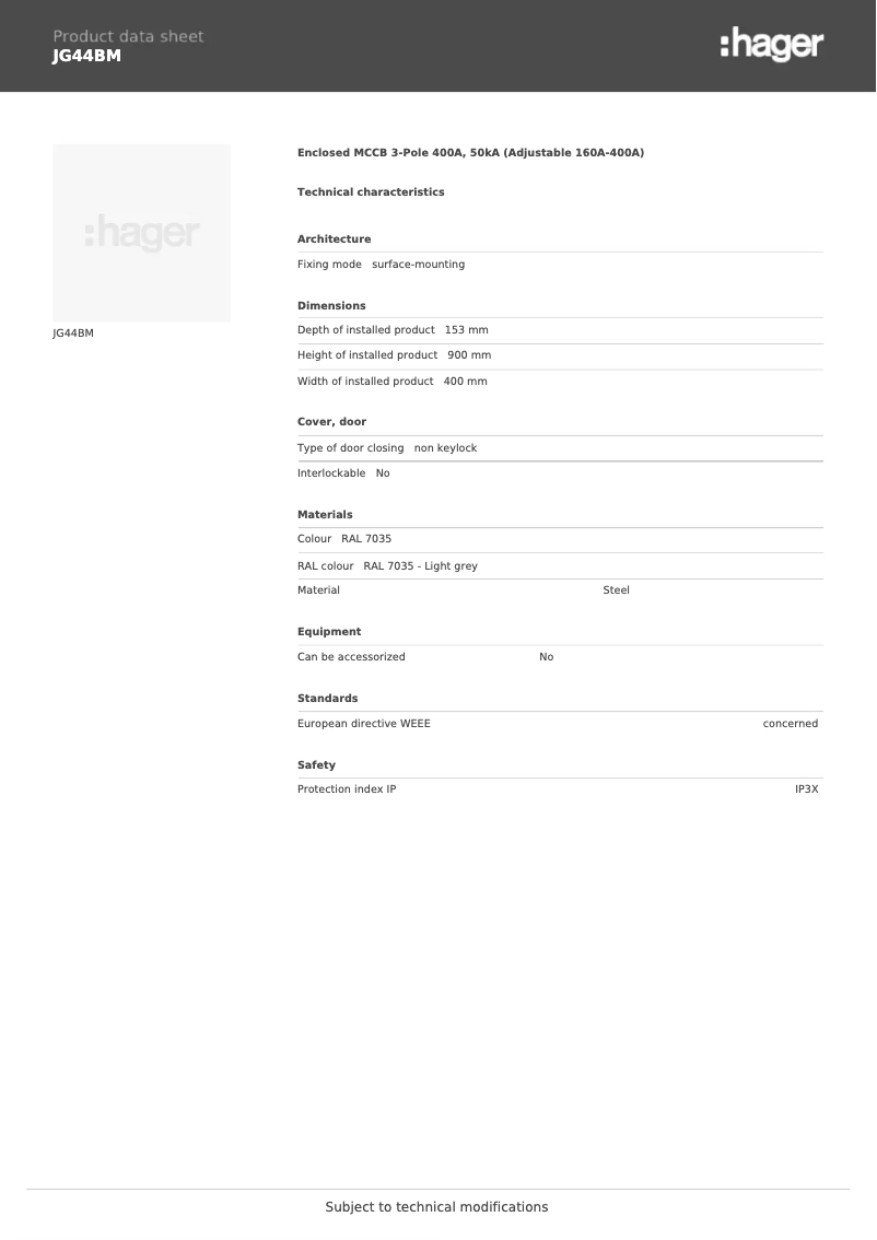 Page 1 de la notice Fiche technique Hager JG44BM