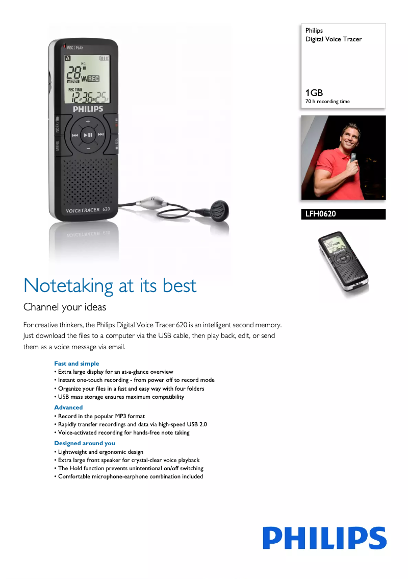 Page 1 de la notice Fiche technique Philips Voice Tracer LFH0620