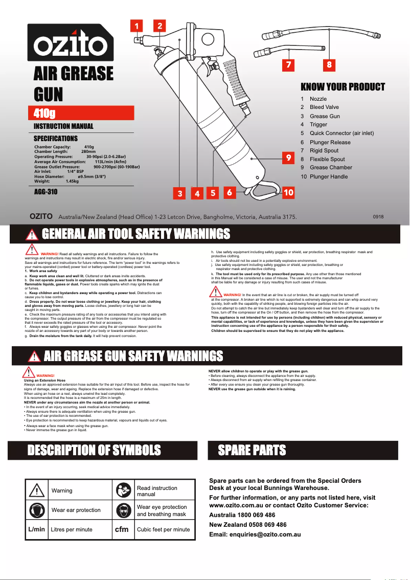 Page 1 de la notice Manuel utilisateur Ozito AGG-310