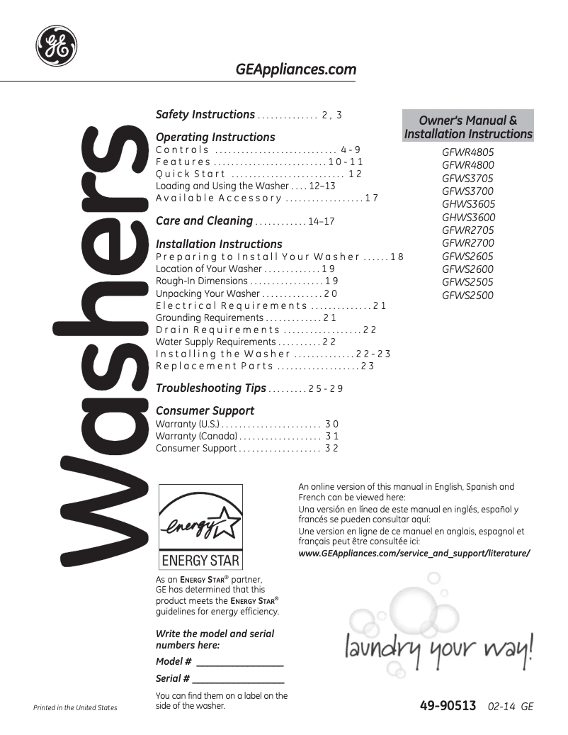 Page 1 of the manual User Manual GE WHWS3600
