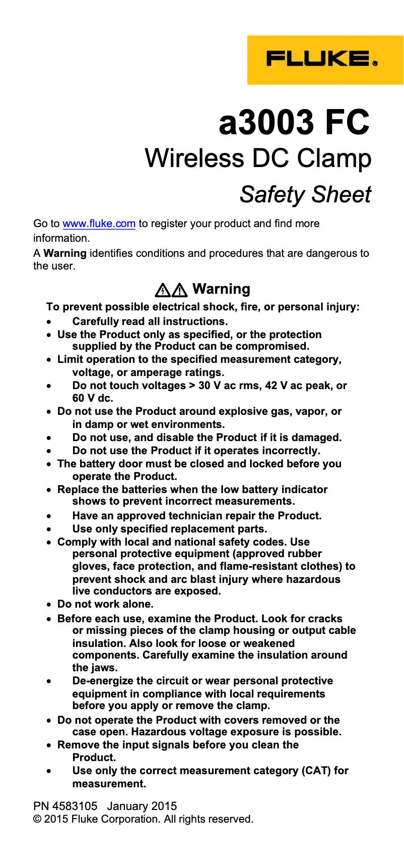 Page 1 de la notice Instructions de sécurité Fluke a3003 FC