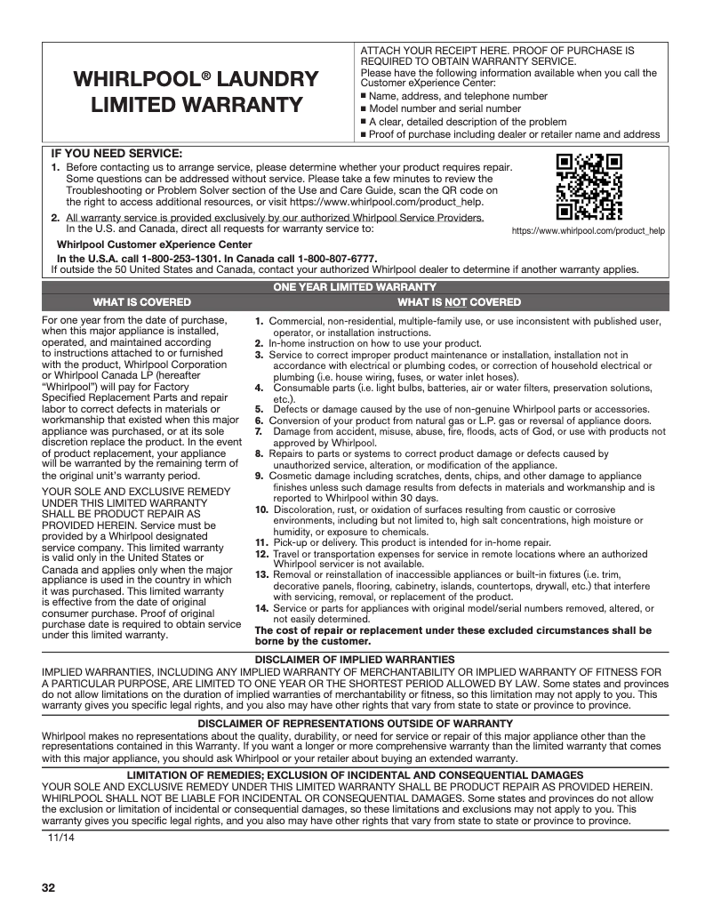 Page 1 de la notice Mode d'emploi Whirlpool WFW75HEF
