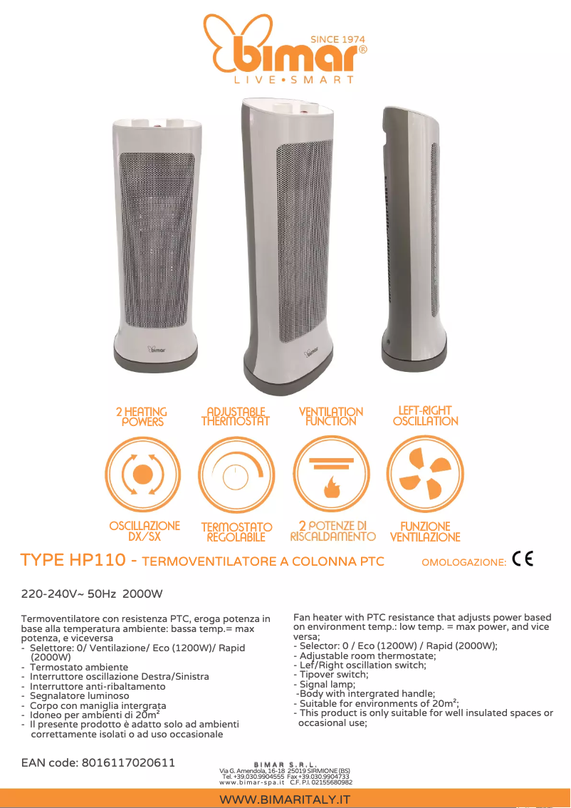 Página 1 del manual Ficha técnica Bimar HP110