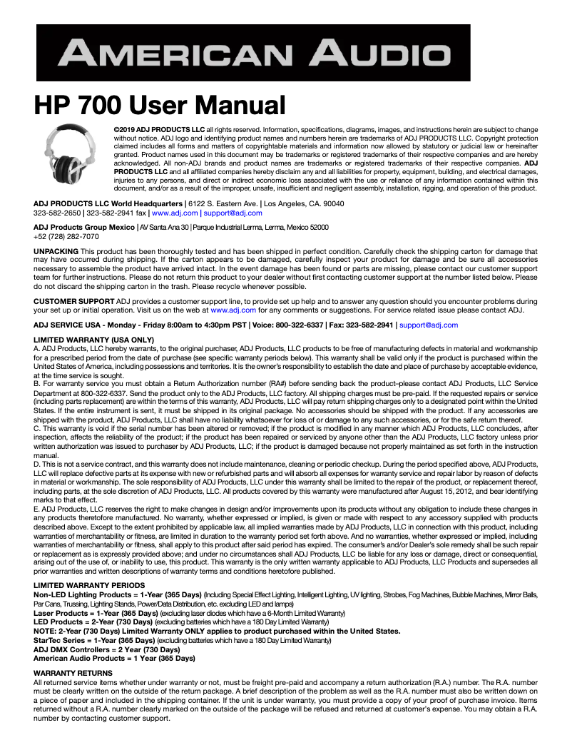 Page 1 de la notice Manuel utilisateur Adj HP 700