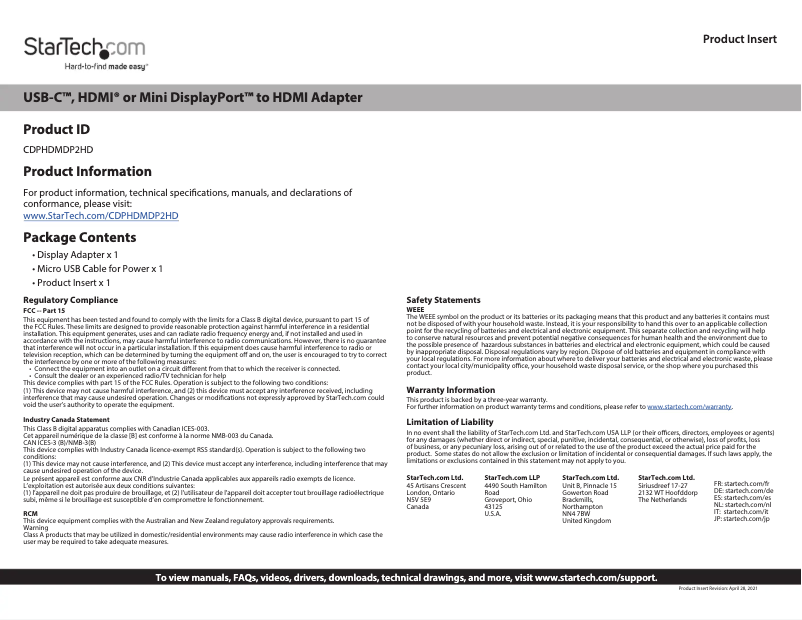 Page 1 of the manual User Manual StarTech.com CDPHDMDP2HD