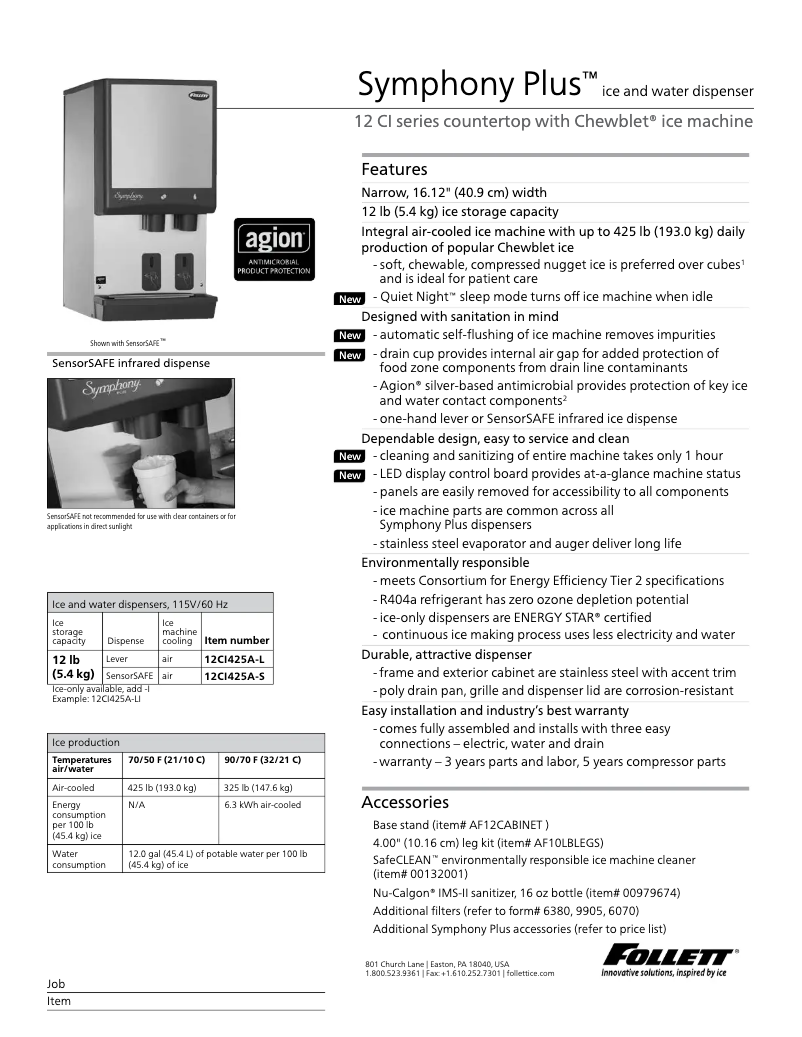 Page 1 of the manual Technical Sheet Follett 25C1425A-L