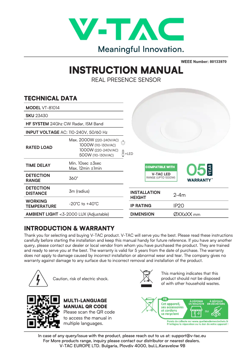 Page 1 de la notice Manuel utilisateur V-TAC VT-81014