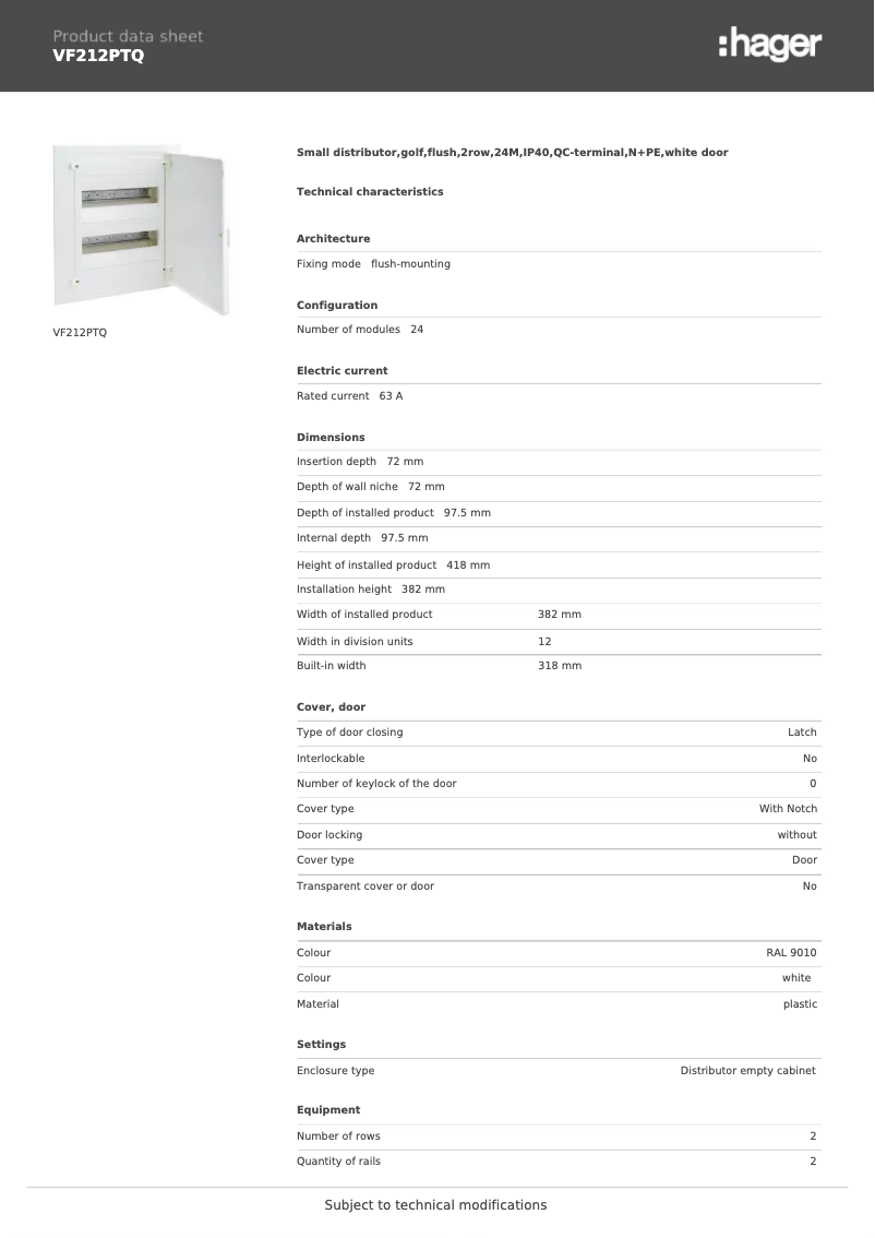 Page 1 de la notice Fiche technique Hager VF212PTQ