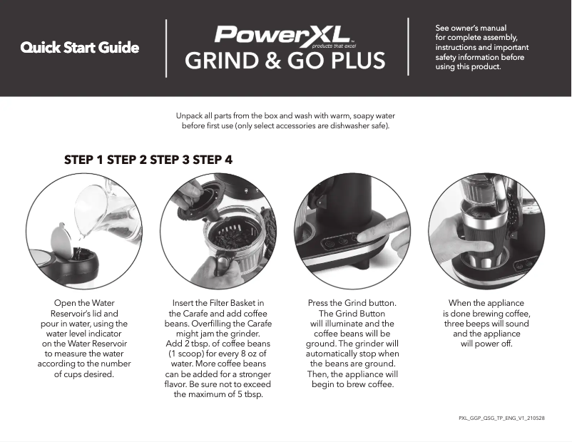 Page 1 de la notice Guide de démarrage rapide PowerXL Grind & Go Plus CL-004