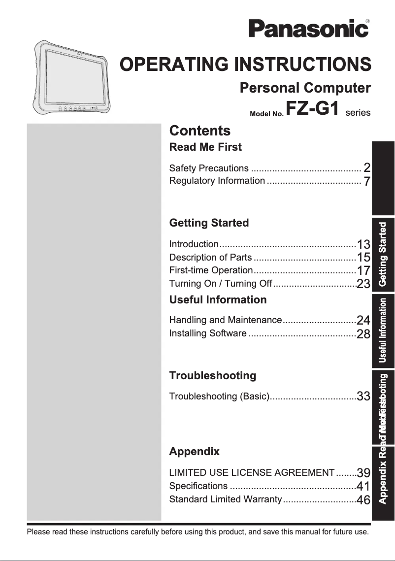 Page 1 de la notice Manuel utilisateur Panasonic Toughbook CF-C2
