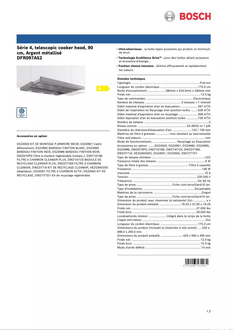 Page 1 de la notice Fiche technique Bosch DFR097A52