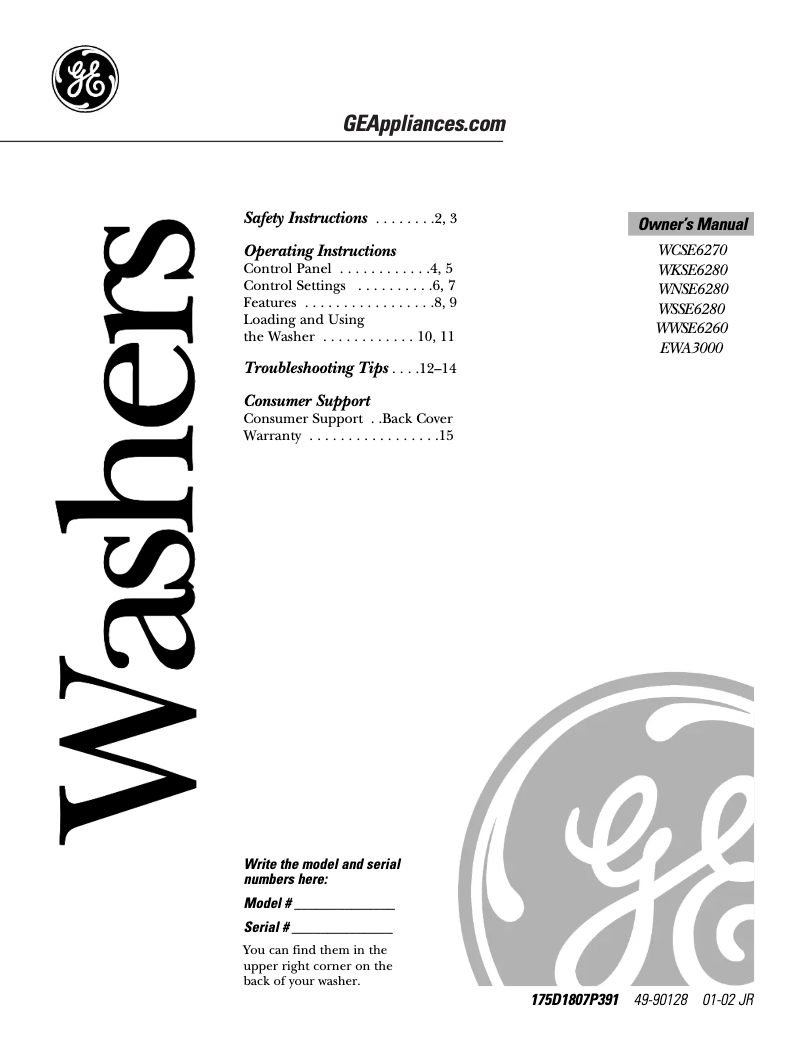 Page n°1 - Guide d'installation GE WCSE6270BWW