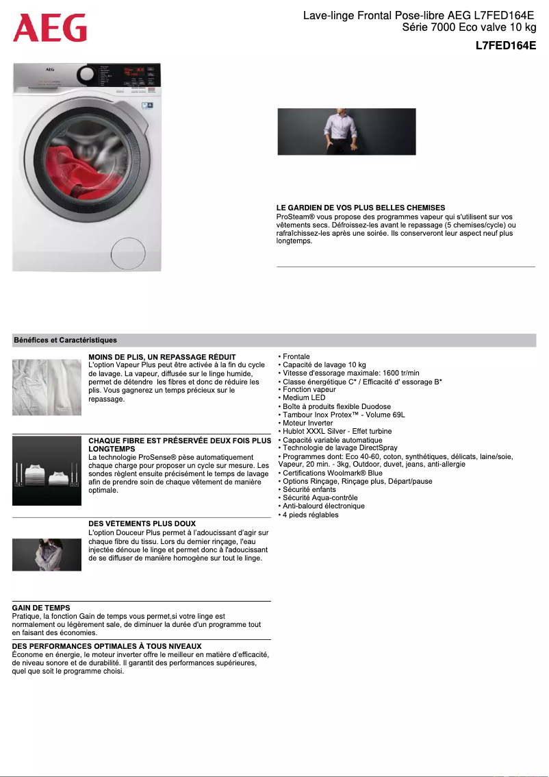 Page 1 de la notice Fiche technique AEG L7FED164E