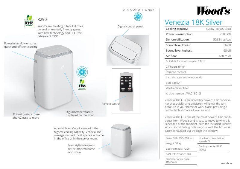 Page 1 de la notice Fiche technique Wood's Venezia 18K WiFi