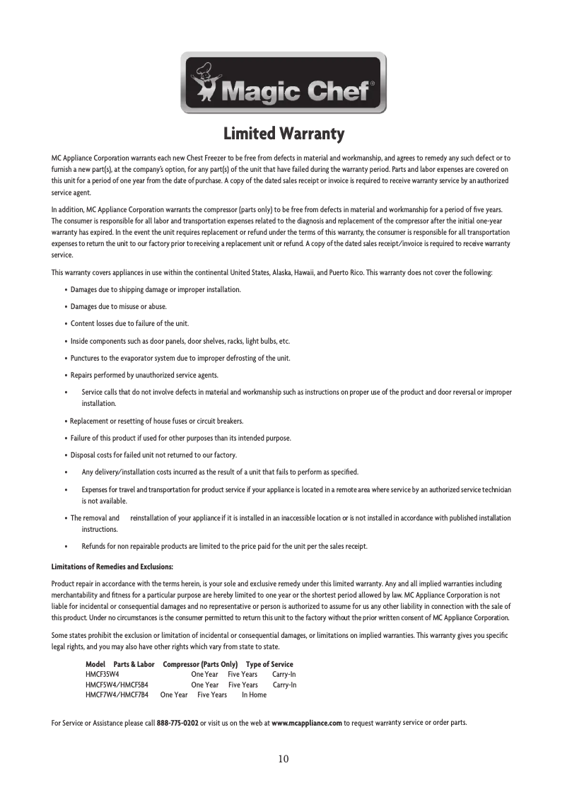 Page 1 de la notice Informations de garantie Magic Chef HMCF7B4