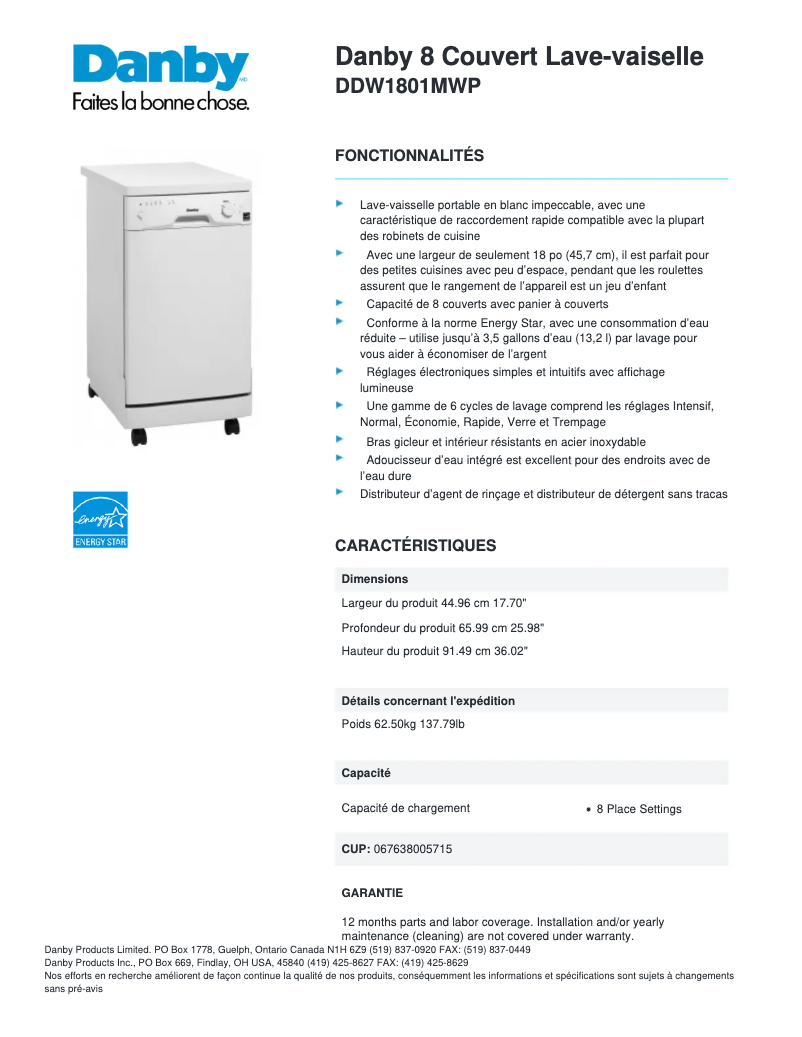 Page 1 de la notice Fiche technique Danby DDW1801MWP