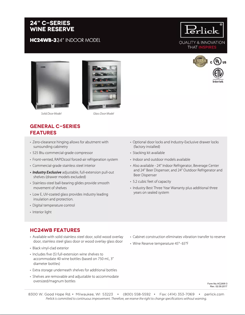 Page 1 de la notice Fiche technique Perlick C-Series HC24WB-3-3R