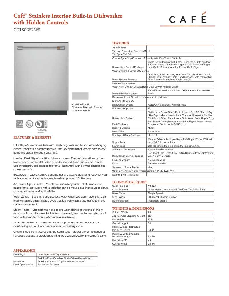 Page 1 of the manual Technical Sheet GE Café CDT800P2NS1
