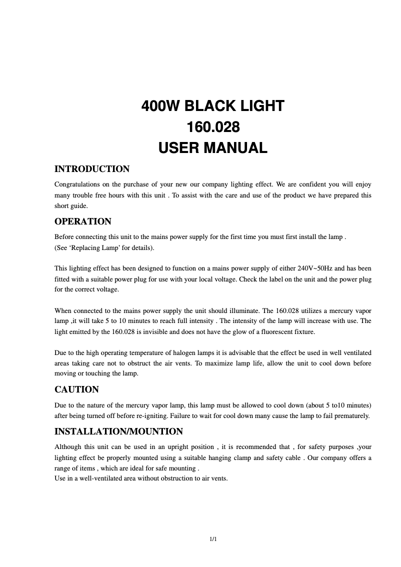 Page 1 de la notice Manuel utilisateur Qtx UV Cannon 160.028UK