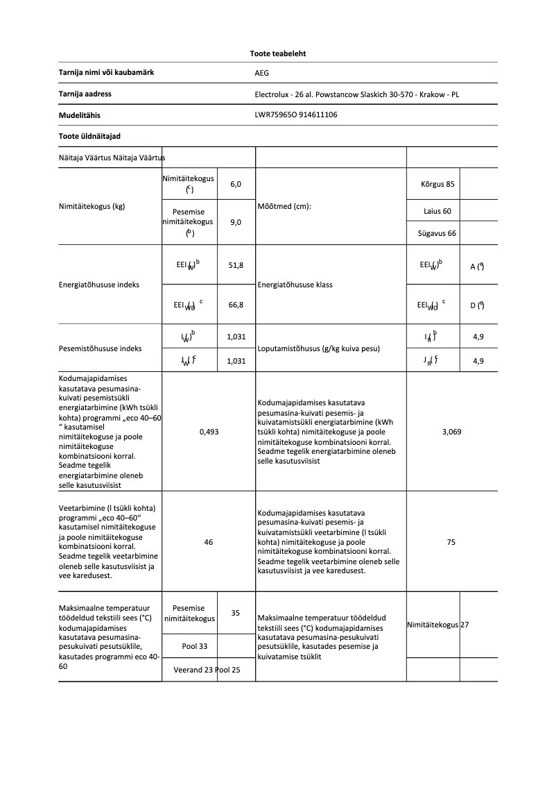 Page 1 de la notice Fiche technique AEG LWR75965O