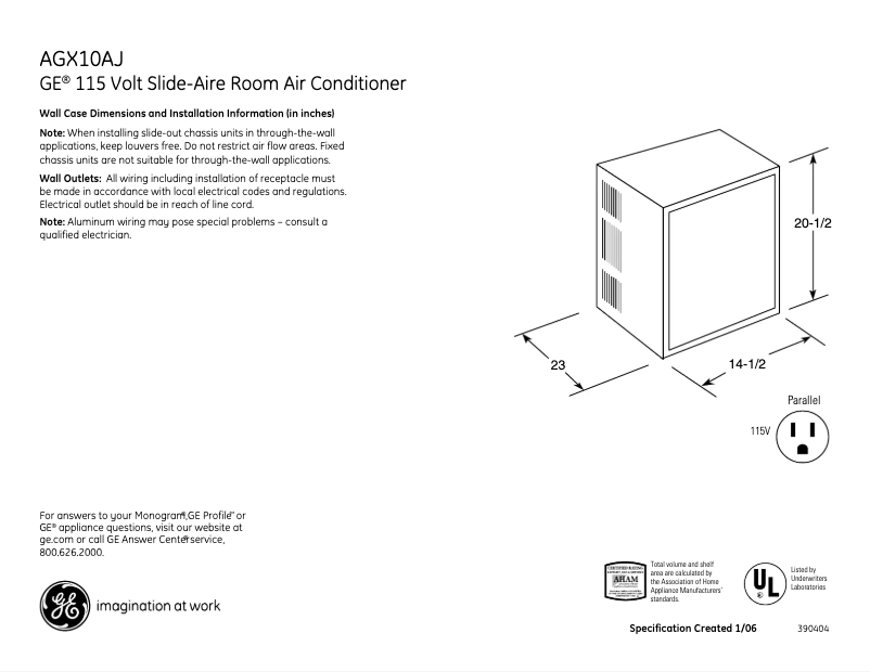 Página 1 del manual Ficha técnica GE AGX10AJ