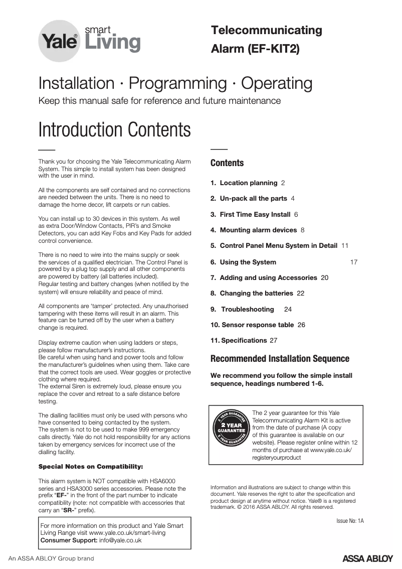 Page 1 de la notice Manuel utilisateur Yale EF-KIT2