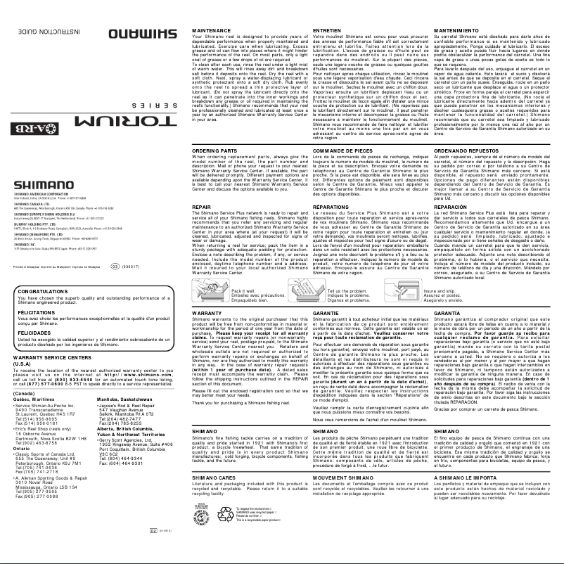 Page 1 de la notice Manuel utilisateur Shimano Torium 16