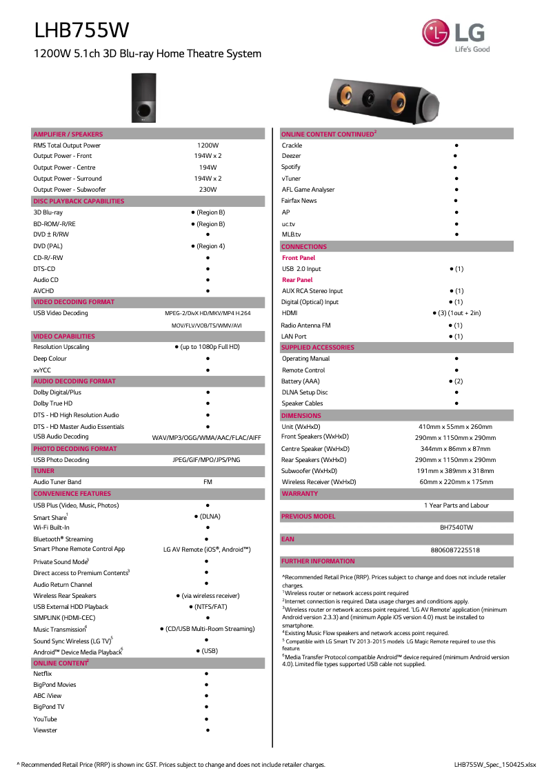 Page 1 of the manual Technical Sheet LG LHB755W