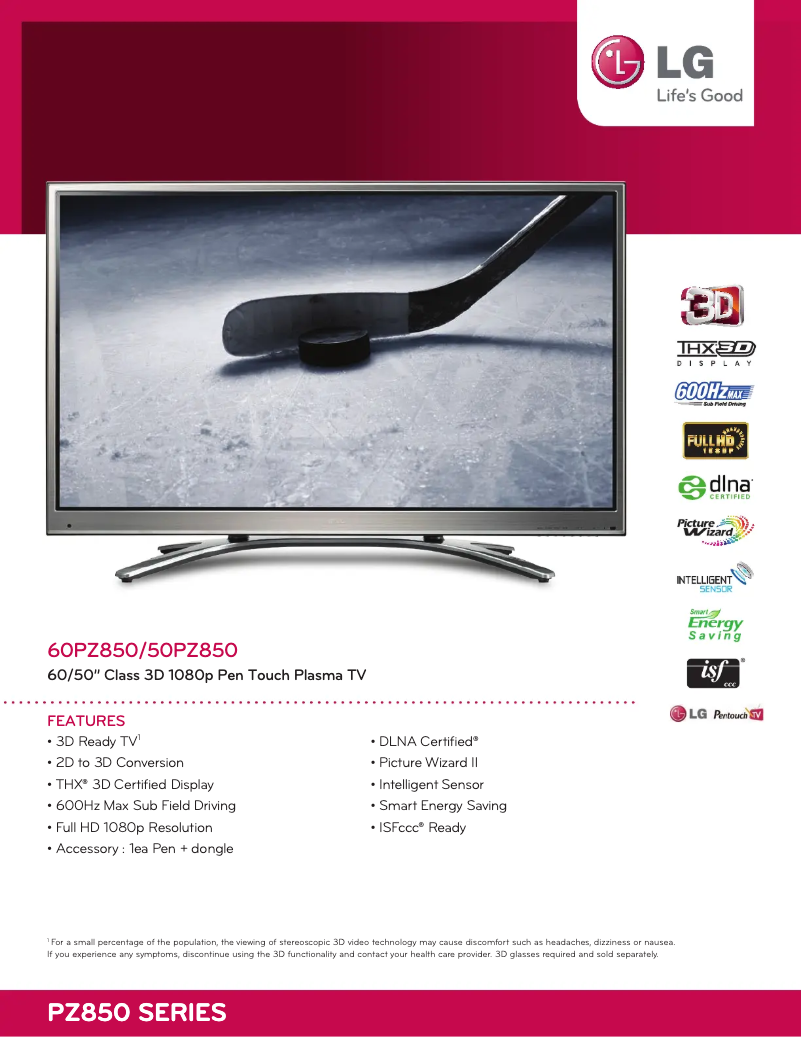 Page 1 de la notice Fiche technique LG 50PZ850