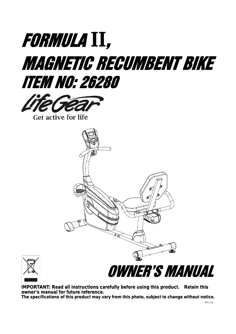 Página 1 del manual Manual de usuario Life Gear Formula II Magnetic Recumbent Bike 26280