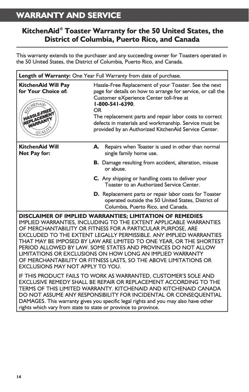 Page 1 de la notice Informations de garantie KitchenAid KMT4116ACS