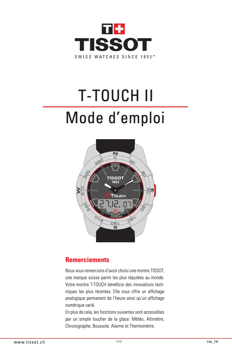 Page 1 de la notice Manuel utilisateur Tissot T-TOUCH II Titanium Lady